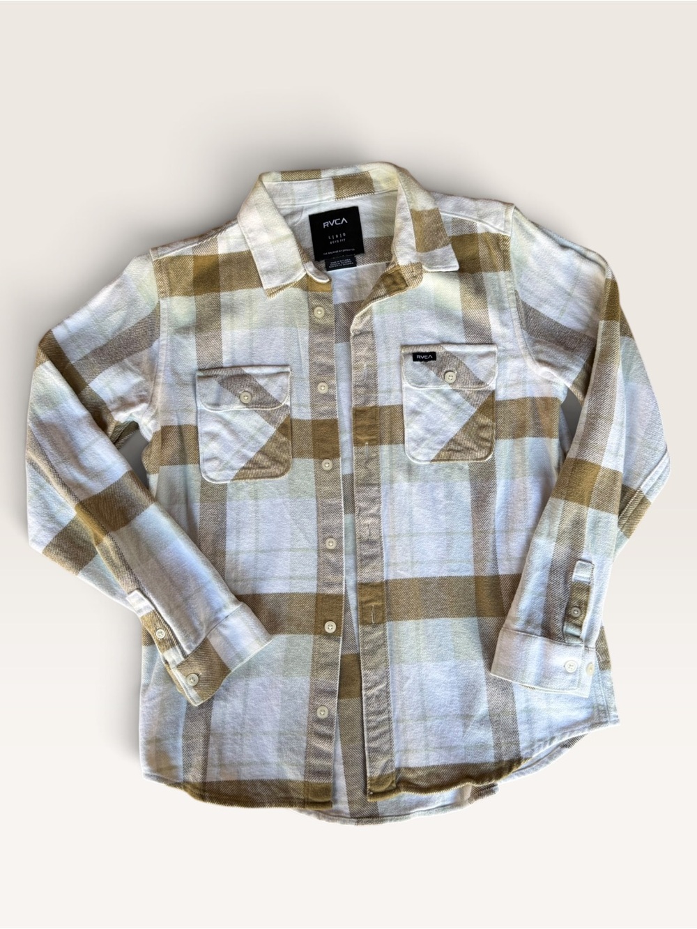 RVCA White and Tan Plaid Flannel Long-Sleeve Shirt